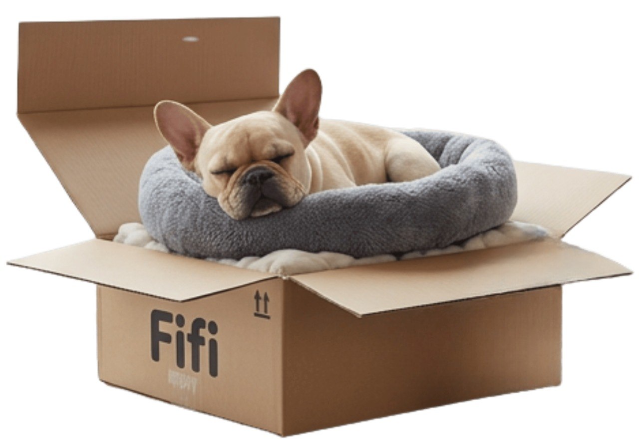 Fifi the French Bulldog sleeping in a box — EasyStore mascot