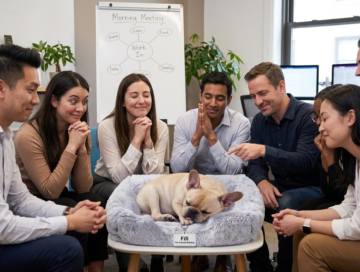 Fifi the French Bulldog sleeping at a team meeting — ChatBot.net.au